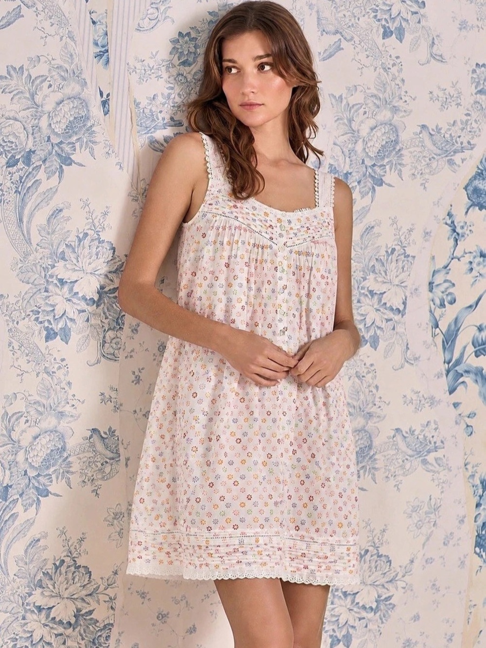 Eileen West Floral Mini Nightgown Dress in White Multicolor Size Small NWT